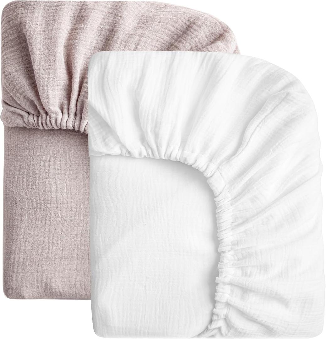 SOULFUL Muslin Crib Sheets for Boys Girls, 2 Pack Soft and Breathable Cotton Fitted Crib Sheets for Standard Crib Mattress (28"x 52", White & Mist Pink)