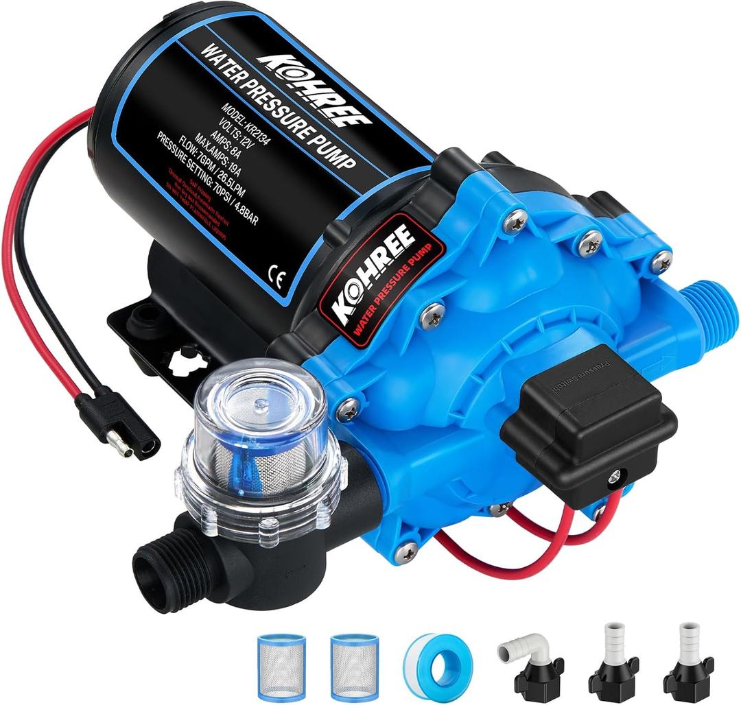 2025 Upgraded Kohree RV Fresh Water Pump 7GPM 70PSI, 12V DC Water Pump, Self-Priming, Five Chamber Diaphragm Pump with Heavy Duty Pressure Switch and Strainer for RV, Marine, Yacht, Caravan