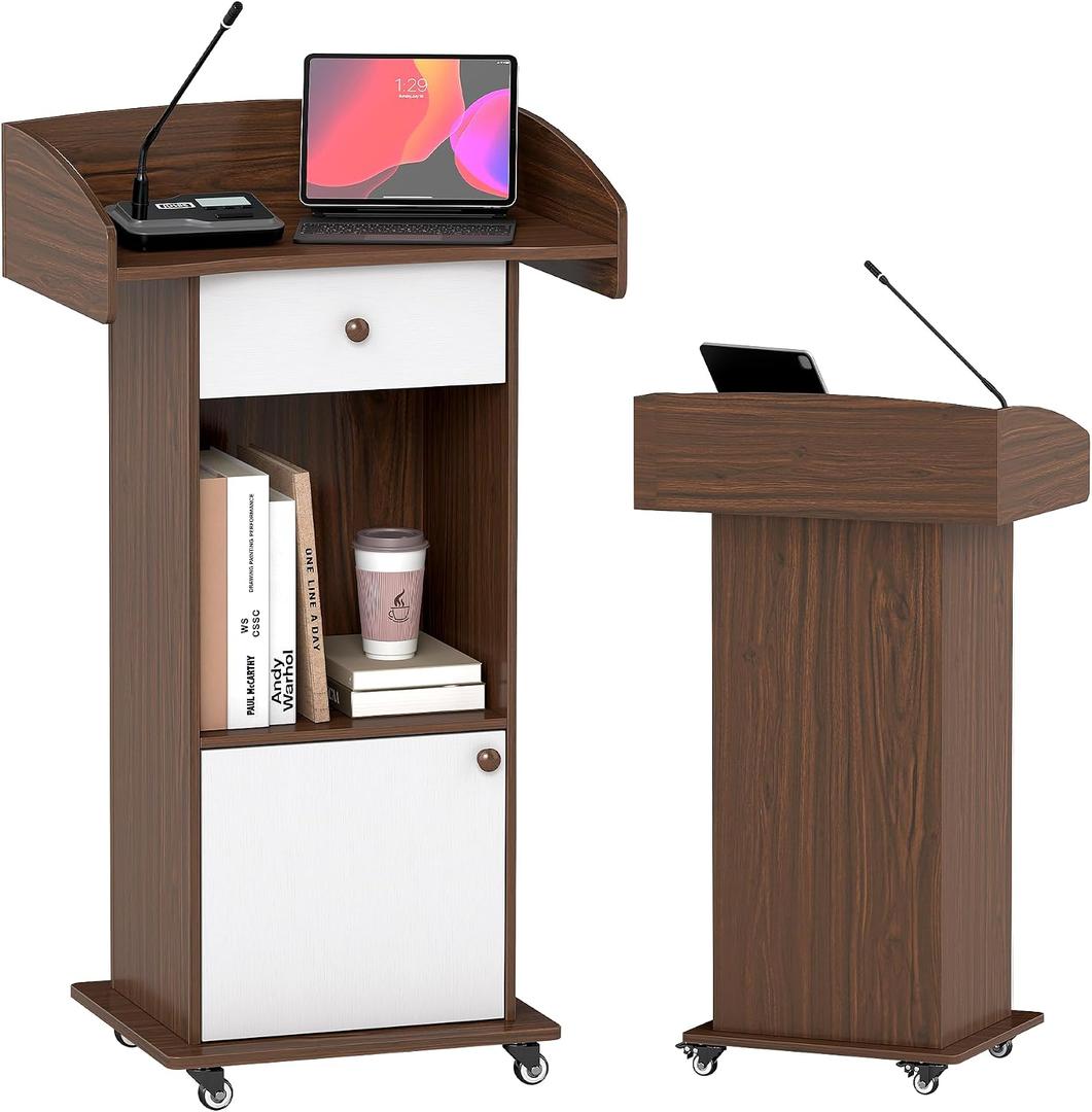 Podium Stand with Metal Wheels Wooden Lectern Podium Stand Portable Pulpit Standing with Storage Mobile Reception Podiums for Church Office School Conference Restaurant Meeting,Brown White