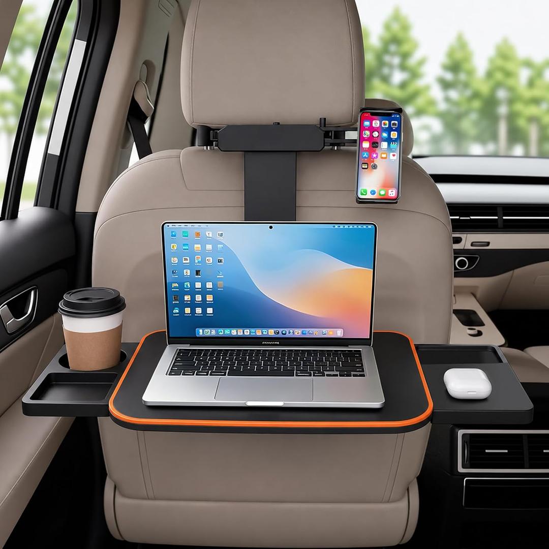 Large Car Tray Table for Back Seat, Foldable Car Desk for Laptop with Adjustable Height, Hidden Cup Holder & Phone Holder, Heavy Duty Travel Food Tray for Eating Working Road Trips (Orange)