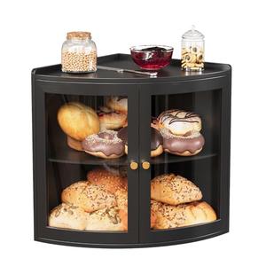 Trironsun Bamboo Corner Bread Box for Kitchen Counter with Acrylic Transparent Door Large Capacity Bread Holder Double Layer Bread Storage Container for Homemade Bread (Black)