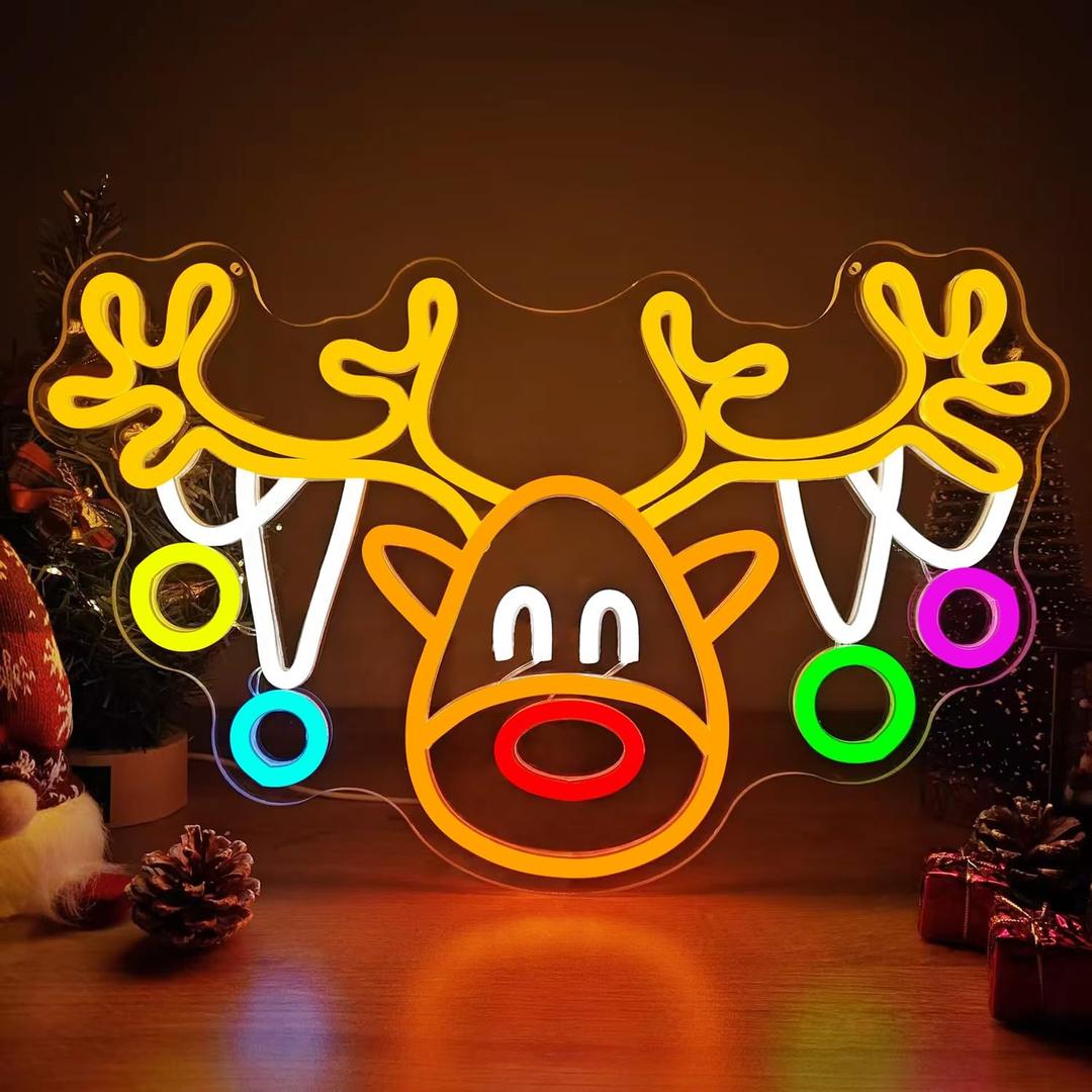 Christmas Reindeer Neon Sign Dimmable Elk Neon Light Sign for Wall Decor Christmas Neon Window Lights, Deer Neon Sign for Bedroom Living Room LED Reindeer Christ-mas Party Decoration