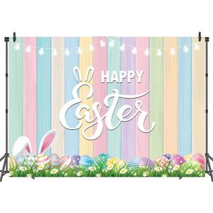 Colorful Wooden Happy Easter Backdrop Colorful Eggs Rabbit Green Grass Easter Party Decoration(240x180cm)