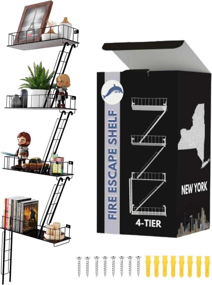 Versatile KAS 4-Tier Metal Fire Escape Wall Shelf | 30" NYC Industrial Floating Shelves for Action Figures | Black Urban Display Ladder with 7.5lb Capacity