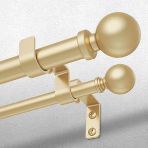 Double Curtain Rod, 1 Inch Gold Long Dual Curtain Rods for Windows 66 to 120 Inch, Decorative Adjustable Heavy Duty Telescopic Spliced Window Treatment Rods for Bedroom Living Room Farmhouse