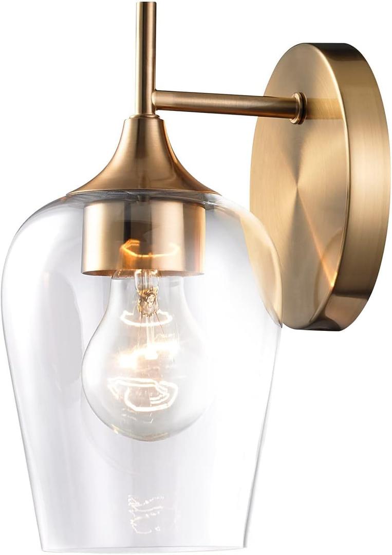 Hamilyeah Brass Wall Sconce Lighting Fixture, Gold Bathroom Lighting with Clear Champagne Glass Shade, Classy and Simple Wall Lights for Bedside, Theater, Dining Room,Rest Room (1 PACK)