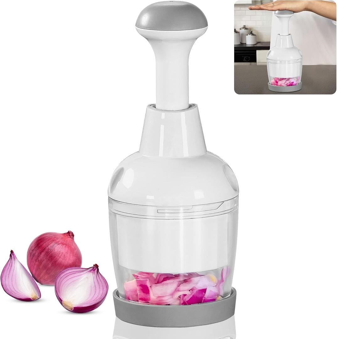 Food Chopper, Vegetable Chopper with Container, Onion Chopper Vegetable Cutter, Manual Veggie Chop Handheld Food Chopper for Garlic, Nut, Stainless Steel Blades, Dishwasher Safe, Easy to Clean, White