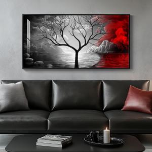 Framed Black and White Wall Art for Living Room, Large Red and Black Artwork for Walls, Modern Painting Dark Wall Art Prints for Home Office, Hallway, Home Theater Decor 20x40 Inch (Red Cloud Tree)