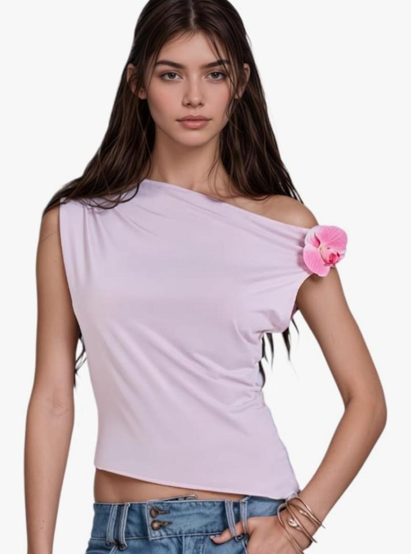 OCUH Off The Shoulder Tops 3D Flower Sleeveless Shirts Y2K Going Out Crop Tank Top Beach Vacation Clothes for Women, M