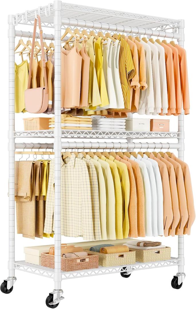 ULIFHOME P5 Rolling Clothes Rack Heavy Duty, Clothing Racks for Hanging Clothes, Metal Garment Rack with Wheels, 3-Tier Portable Closet Rack 39.4'' W 20.5'' D 80.5'' H, Max Load 650 Lbs, White