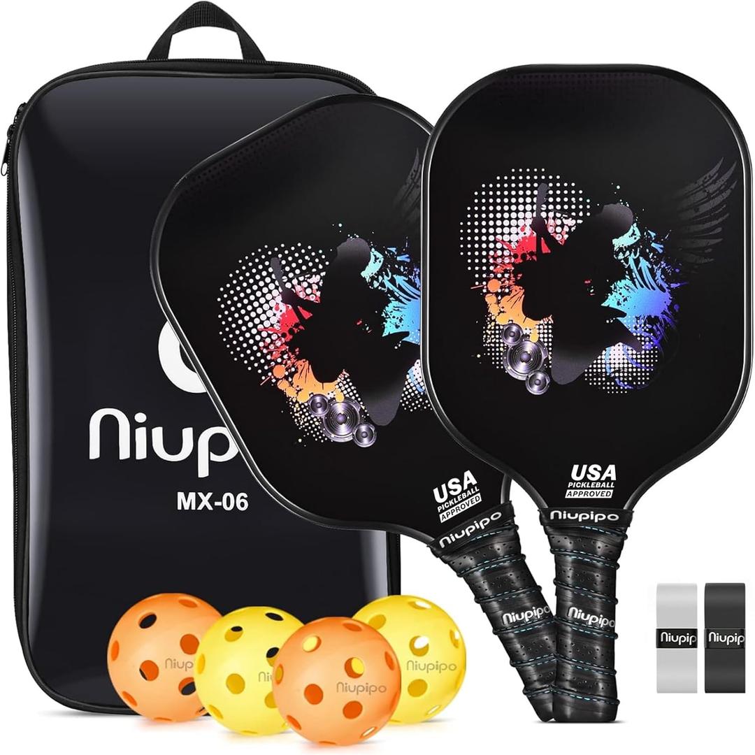 niupipo Pickleball Paddles Set of 2/4/1, USAPA Approved Graphite Carbon Fiber Pickleball Rackets, Polypropylene Honeycomb Core, Cushion 4.72In Grip, Bag/Cover, Pickle Ball Paddle Set for Men Women (black)