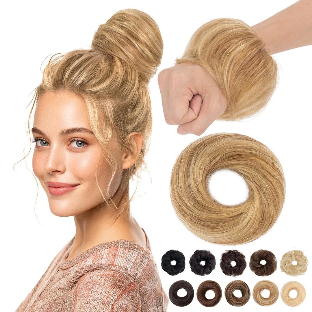 MY-LADY Messy Bun Hair Pieces Human Hair for Women Real Hairpiece Straight Scrunchies Tousled Updo Donut Chignon Ponytail Extension Light Brown & Bleach Blonde
