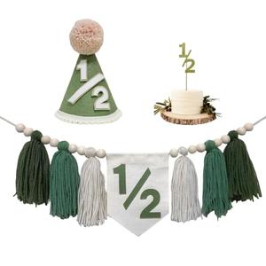 Wild Half Birthday Decorations Sage Green 1/2 High Chair Banner with 1/2 Cone Hat for 6 Months Outfit Half Way to One Baby Boy Birthday Decorations