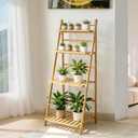 Foldable Ladder Bookshelf 4-Tier Bamboo Plant shelfMulti-Purpose Storage Rack for Plants, Books & Home Decor, Natural Bamboo Display Shelf for Living Room, Bathroom, Kitchen & Balcony