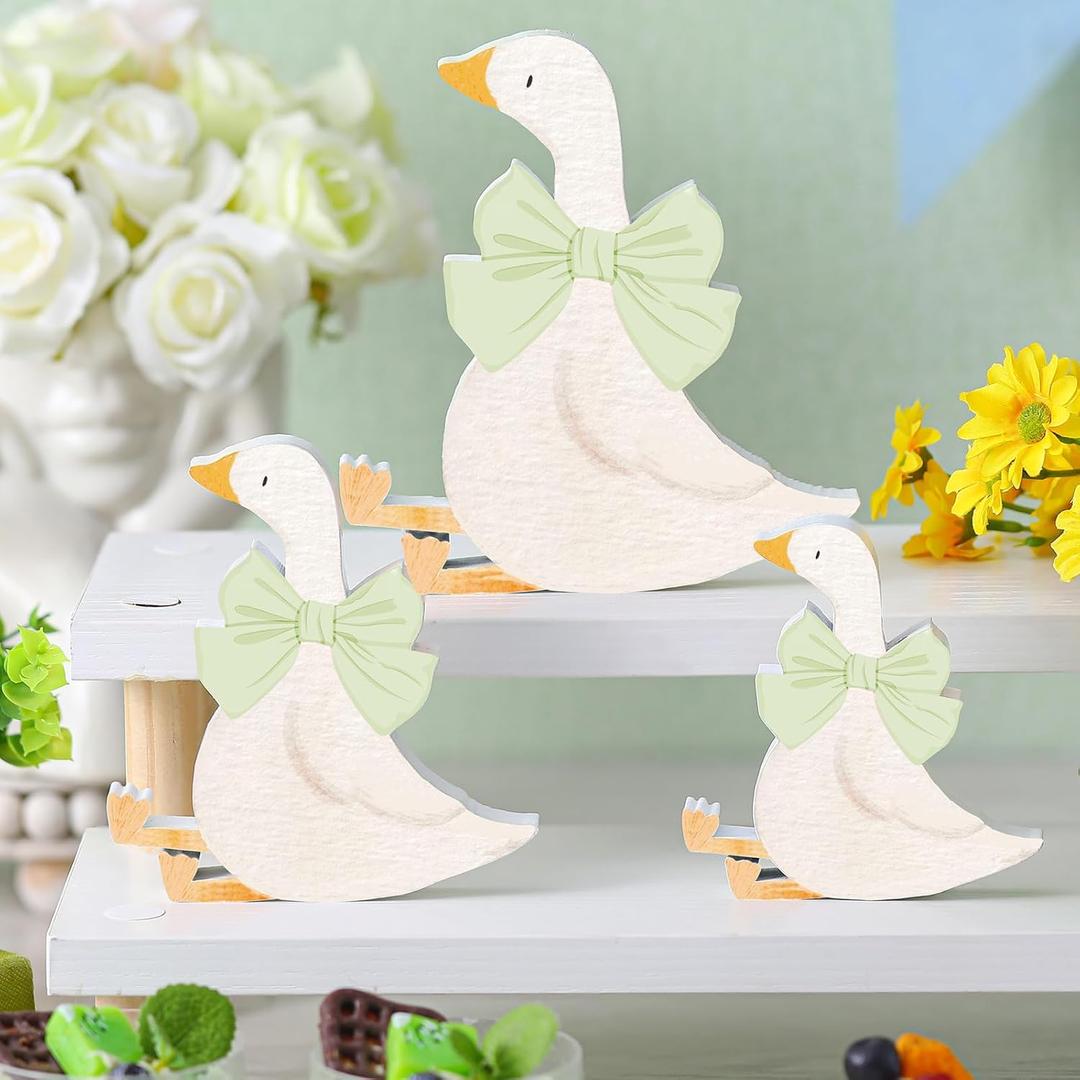 3 Pcs Silly Goose Birthday Party Decoration Sage Green Bow Wooden Silly Goose Baby Shower Decor Funny Table Centerpiece Gift for Party Favor Desk Tiered Tray, 5.9/4.7/3.9 Inch