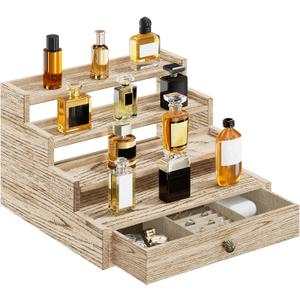 4 Tier Cologne Organizer for Men, Wooden Stand Rack Display Shelf with Drawer Storage, Large Capacity Perfume Holder for Man, Log Color