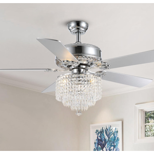 52" Modern Fandelier, Crystal Ceiling Fan with Lights and Remote, Sliver Elegant Chandelier Fan Light with 5 Wooden Dual-Sided Blades for Bedroom Living Room,6 Speed Reversible Motor,Timing