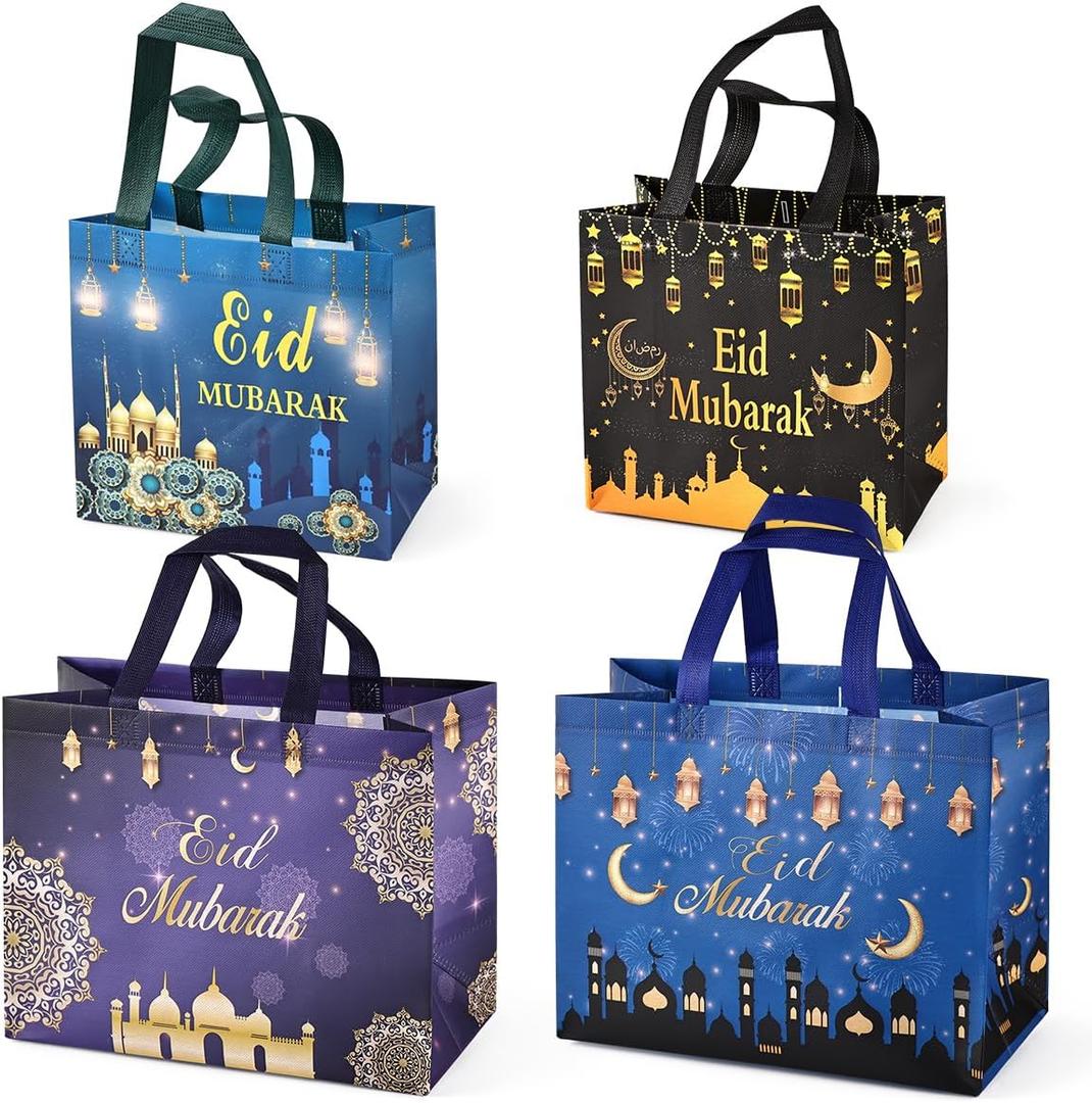 PARSUP 4PCS Eid Reusable Gift Bags, Assorted Sizes with Handles, Islamic Patterns, Non-Woven Material, Perfect for Eid Parties & Gift Giving