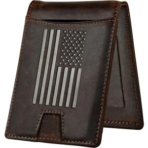 American Flag Wallet  Genuine Brown Crazy Horse Leather RFID-Blocking Bi-Fold Card Holder with Money Clip  Disabled USMC Vet Owned SMALL Business
