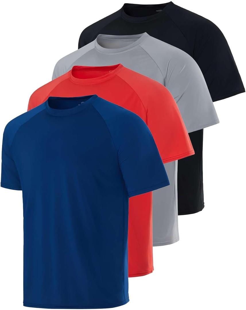 Real Essentials 4 Pack: Mens Short Sleeve Rash Guard Shirt Quick Dry UPF 50+ Sun Protection Swim (3X-Large, Set 7)