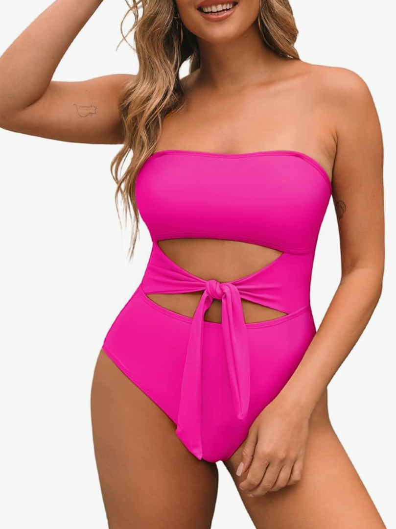 Pink Queen Women Bandeau One Piece Swimsuit Removable Strap Cutout Tie High Waist Bathing Suit Monokini , Size -XL, Pink