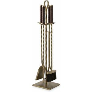 COPPERHOLIC Premium 5-Piece Fireplace Tool Set with Genuine Leather Handles – Antique Brass Finished Wrought Iron – Heavy Duty Hearth Accessories: Poker, Shovel, Brush, Tongs, and Pedestal Stand