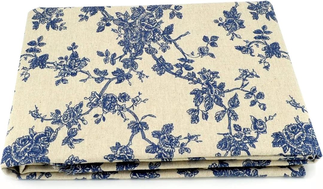 Linen Cotton Printed Fabric for Home Decoration and Crafting by The Meter(Classical Blue Floral Pattern)