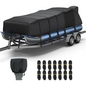 RVMasking Pontoon Boat Cover with Motor Cover, 1400D Heavy Duty Middle Reinforced, Marine Grade Waterproof Boat Cover for Length: 25'-28', Beam Width up to 102", Black