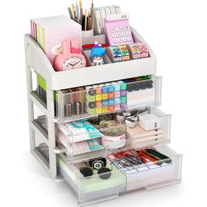 Desk Organizer with Drawers, 3 Drawers Storage Organizer, Desktop Storage Drawers for Office/School Supplies, Plastic Stationary Makeup Organizer, Desk Storage Box for Office, School, Home