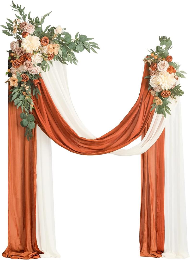 Ling's moment Fall Artificial Wedding Arch Flowers Kit Pack of 4, 2pcs Hanging Flower Arrangement 2pcs Drapes Ceremony Rose Arbor Backdrop Brunt Orange Terracotta Floral Party Autumn Outdoor Decor
