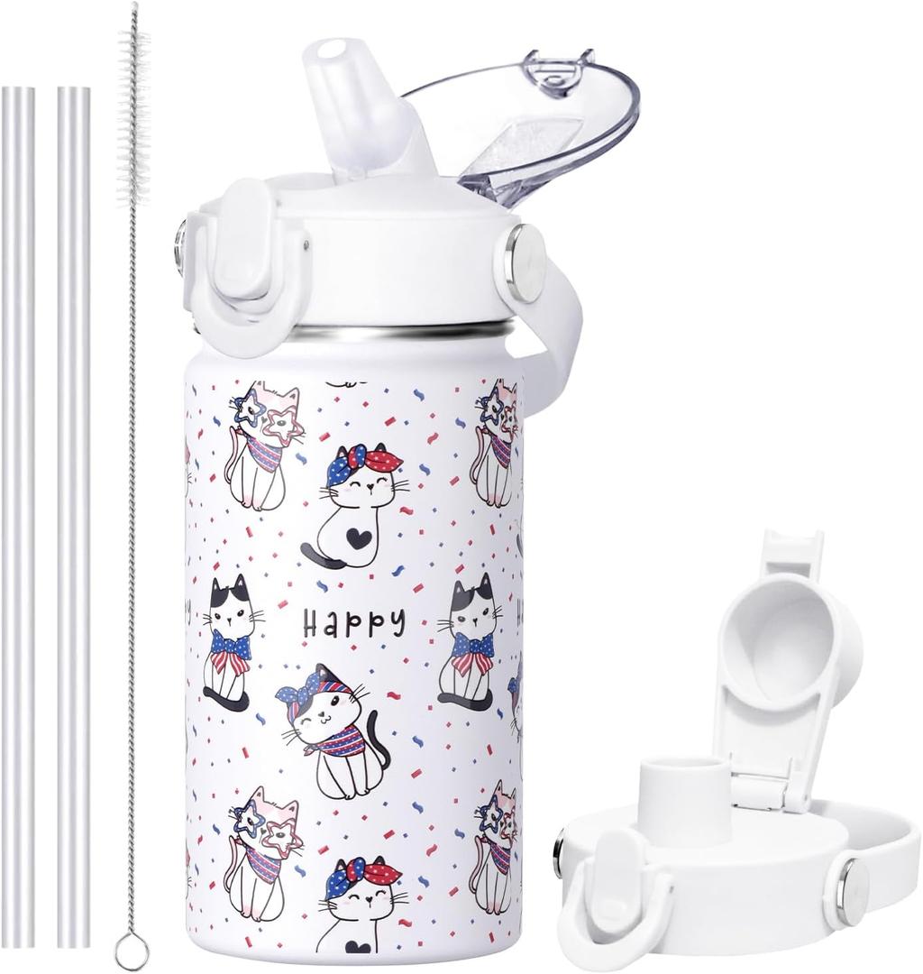 SENDESTAR Metal Insulated Water Bottle - 12oz/18oz BPA-FREE 18/8 Stainless Steel Travel Tumbler Double Wall Vacuum Leak Proof Kids Cup with Straw for Kids, School Boys Girls (White Animal Letters)