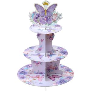 Soleebee 3-Tier Butterfly Round Cupcake Stand, Floral Theme Cardboard Cupcake Tower, Dessert Cup Cake Stand Tower for Baby Shower Birthday Camping Party Decoration, Cupcake Tier Stand 1 Set (Purple)