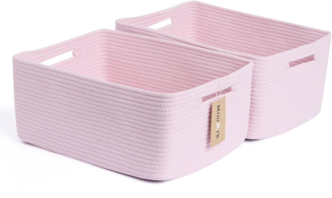 Large Storage Baskets for Shelves, Closet Organizers Bins for Clothes Blanket Towels, Baby Nursery, Toy Baskets Box, Woven Rope Baskets, 17 x 13 x 7.5, 2 Packs Light Pink