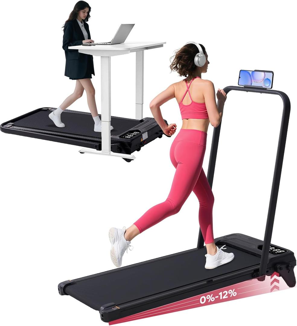 Foldable Walking Pad Treadmill with Adjustable Incline and Handle Bar, 3.5HP Portable Folding Treadmills for Home Small, 4 in 1 Under The Desk Electric Treadmill with Handles, 0.6-7.6MPH, 350LBS