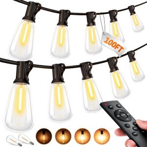 Outdoor String LED Patio Lights - 100Ft 30M Outside Waterproof Light with Remote Dimmable ST38 Shatterproof Bulb Connectable Hanging Outdoor Electric Lighting for Backyard Yard Gazebo Porch Party