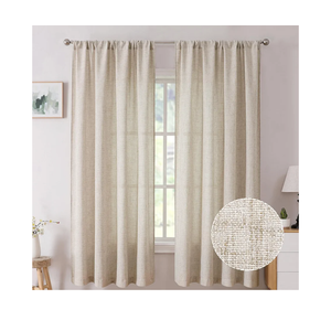 Tollpiz Short Linen Curtains Bedroom Rod Pocket Semi Sheer Curtain Burlap Light Filtering Thick Linen Drapes for Living Room Long, Natural, Set of 2 Panels, 35"W x 54"L
