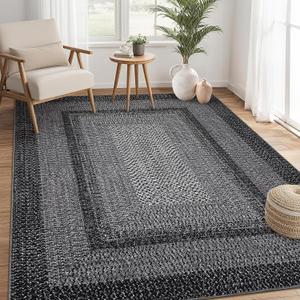 RUGSREAL Washable Rugs 5x7 Living Room Boho Throw Rug Stain Resistant Braided Print Border Large Carpet for Bedroom with Rubber Backing Low Pile Farmhouse Rustic Rug for Home Decor Office, Black