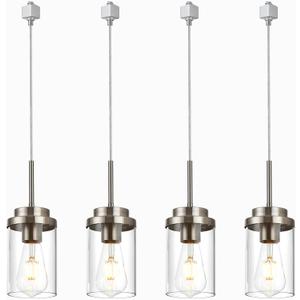 MELUCEE 4 Pack H Track Lighting Pendants Brushed Nickel Ceiling Track Hanging Light Fixtures with Clear Glass Shades, Compatible with H Type Track Lighting Rail, E26 Socket (4 Packs)