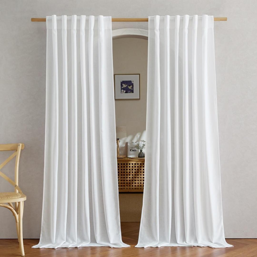 NICETOWN White Linen Curtains for Bedroom, Rod Pocket & Back Tab Thick Flax Window Treatments Privacy Assured with Light Filtering for Kids Room/Living Room, W55 x L84, 2 Pieces