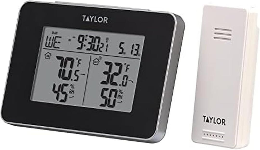 Taylor Wireless Digital Indoor Outdoor Thermometer and Hygrometer, Weather Station, Battery Powered, Alarm, Easy-to-Read Display for Home, Office, Greenhouse, Nursery, and Indoor Areas, Black