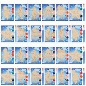 Geelin 24 Set Ocean Undersea Party Favor Animal Wooden Painting Craft Kit DIY Wooden Coloring Craft with Brush and Card for Kid Girl Boy Birthday Thanksgiving Party Supplies Goodie Bag Stuffer Prize