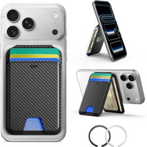 ESR for MagSafe Wallet Stand, RFID Blocking w MagSafe Ring, 5 Card Holder for Phone, Slim Leather Magnetic Wallet for iPhone 17/16/15/14/13/12 Series(Not for Mini), Selected Samsung,Black Carbon Fiber