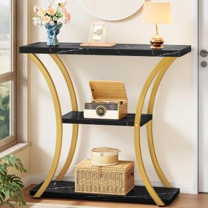 Hoctieon 3 Tier Console Table with Open Wood Shelves, Decorative Entryway Table with Curved Metal Frames, Narrow Sofa Table for Entrance, Living Room, Hallway, Gold and Black Marbled, 31.5" L x 11.8" W x 31.5" H