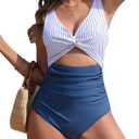 Charmo Womens One Piece Swimsuit Ruched Tummy Control High Cut Backless V Neck Bathing Suits Swimwear (Medium)