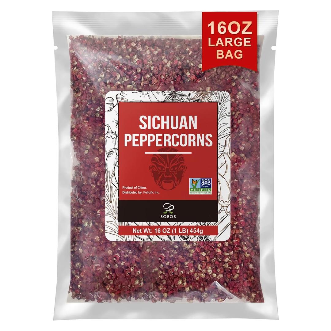 Soeos Sichuan Peppercorns, 16oz(454g), Authentic Szechuan Red Peppercorn, Numbing and Tingle Effect, Less Seeds, Strong Flavor, Essential for Mapo Tofu, Kung Pao Chicken and Asine Cusine (No BB date)