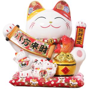 Lucky Figurines Cat Waving Arm Statue,Chinese Ceramic Fortune Cat,Japanese Good Luck Cat for Home, Office, Store, Moving Arm Money Cat