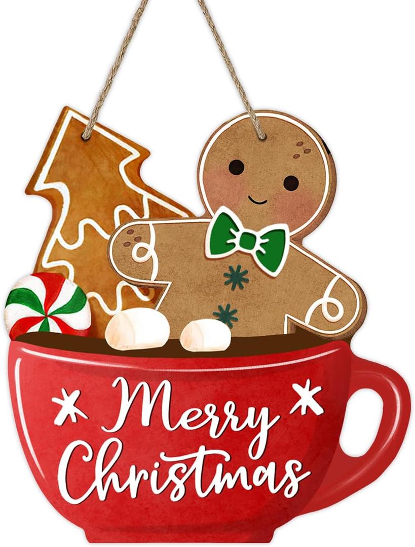 Merry Christmas Gingerbread Man Coffee Front Door Sign, Xmas Tree Peppermint Candy Wood Hanger Outdoor Outside Porch Home Decor, Winter Holiday Wooden Wreath Indoor Wall Hanging Decoration
