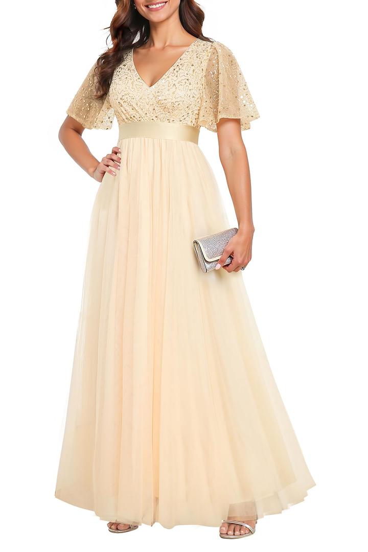 Formal Dresses for Women Prom Evening Gown Sequin Tulle V Neck Ruffle Short Sleeve Empire Waist A Line Long Dress. LARGE