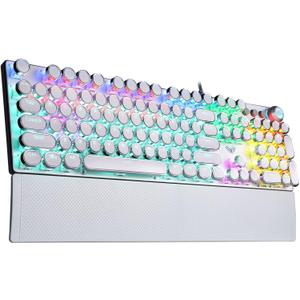 AULA F2088 Typewriter Mechanical Keyboard, White Retro Wired Gaming Keyboard with Blue Switches, Rainbow Backlit, Round Keycaps, Media Knob & Removable Wrist Rest