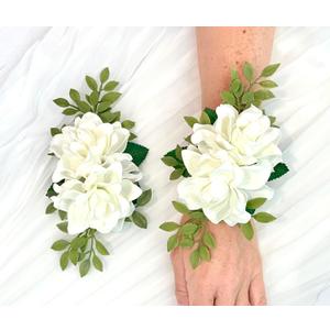Flaural 2pc Ivory Wrist Corsage, Faux Silk Flowers, Handmade USA, Prom Wristlet, Artificial Wedding Flowers, Ivory Corsage Pearl, Floral (2pc Ivory Corsages)